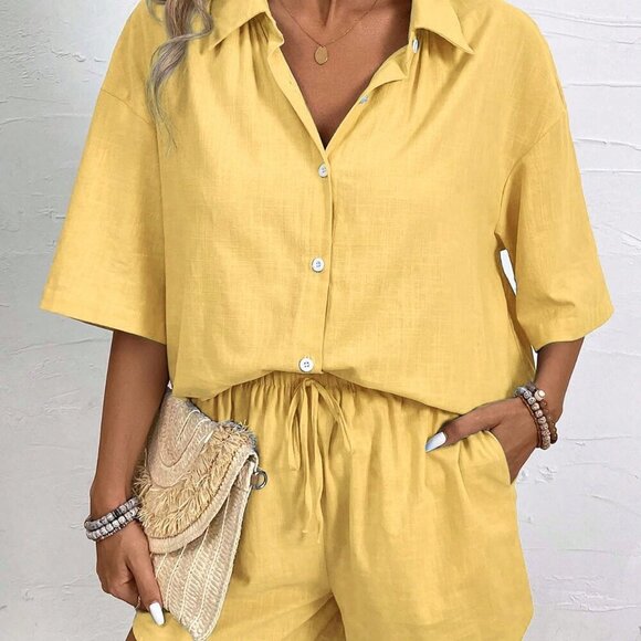 Yellow Casual Women's Vacation Short Sleeve Shirt And Shorts Set - Picture 6 of 7